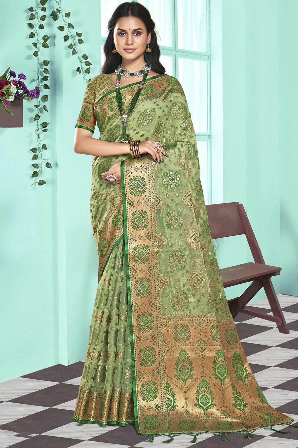 Sea Green Colour Organza Traditional Saree SD1102595