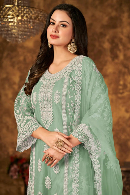 Sea Green Colour Plazoo Pant Suit Net Semi Stitched SM1050529 A