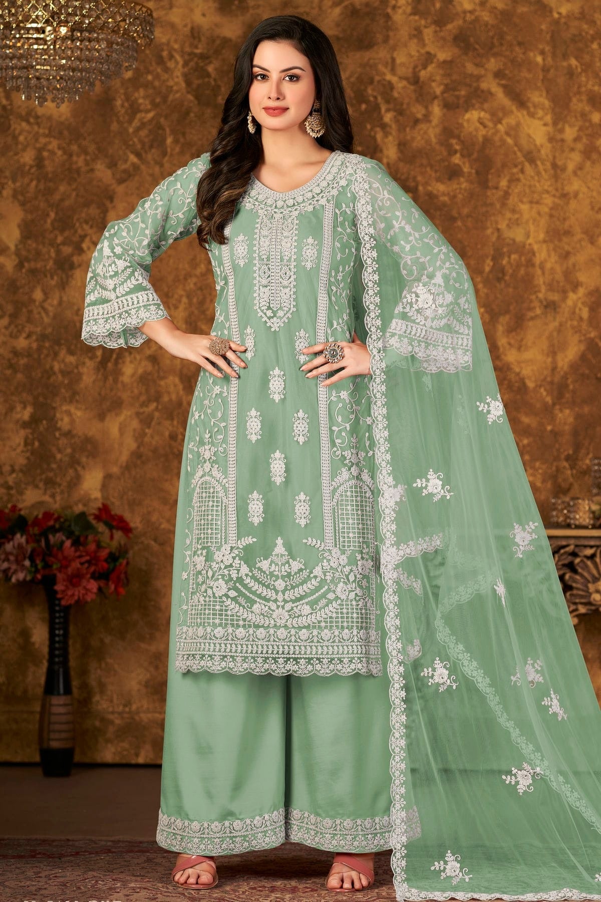 Sea Green Colour Plazoo Pant Suit Net Semi Stitched SM1050529