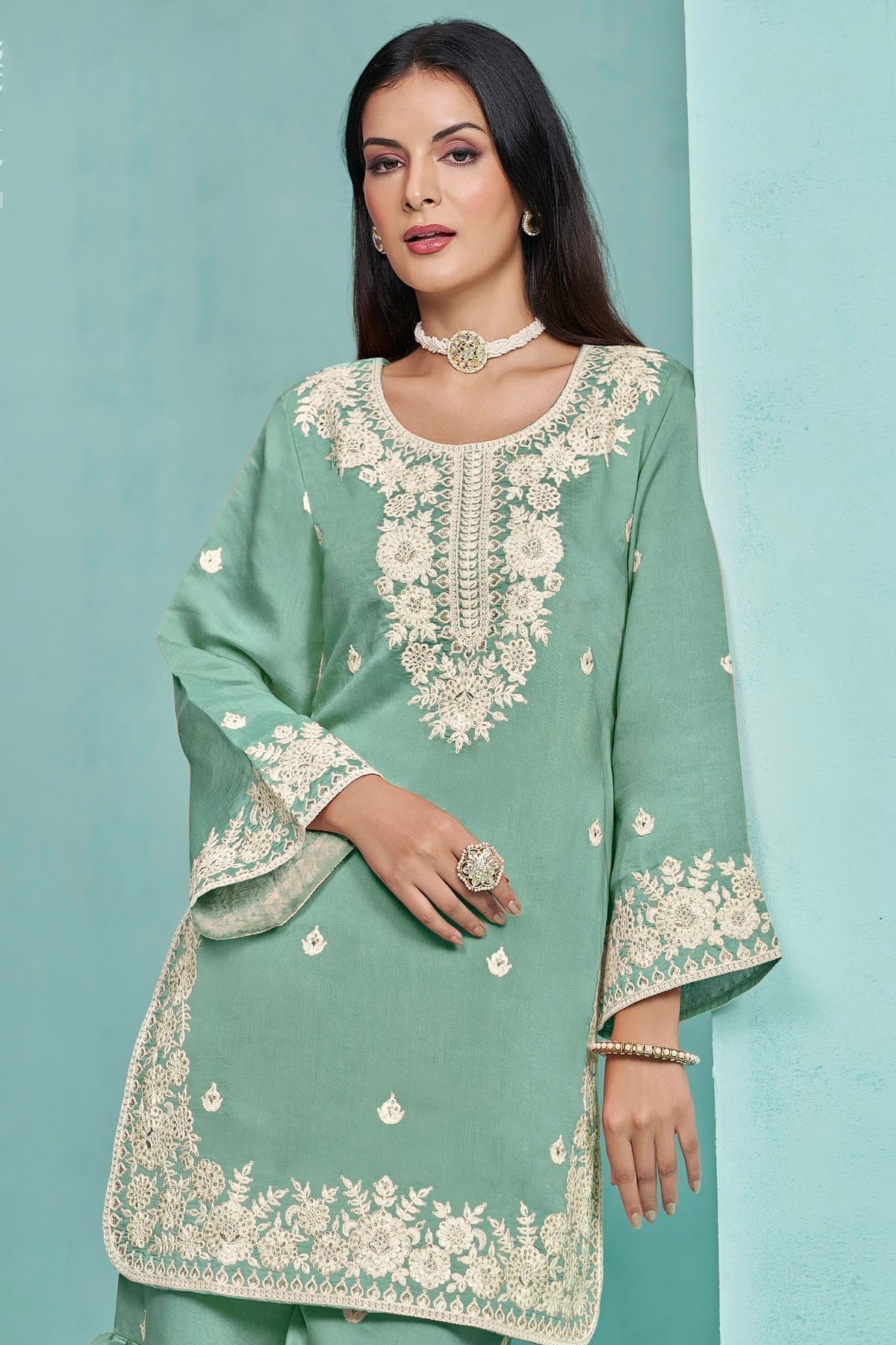 Sea Green Colour Roman Silk Sharara Suit SM1050558 A