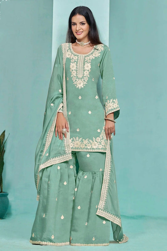 Sea Green Colour Roman Silk Sharara Suit SM1050558