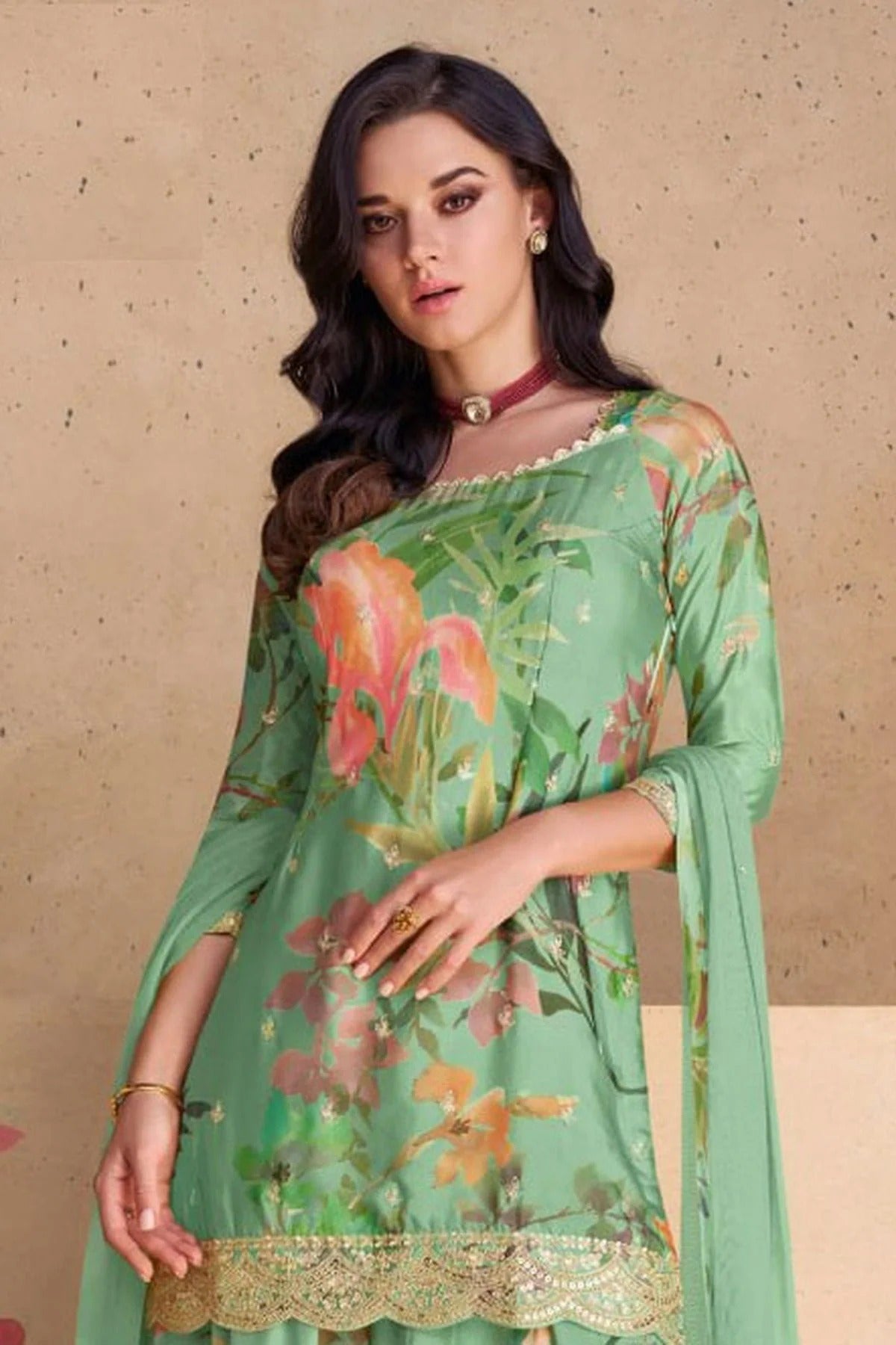 Sea Green Colour Semi Stitched Chinon Palazzo Pant Suit SM1140234 A