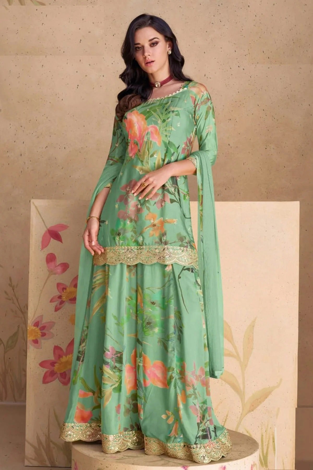 Sea Green Colour Semi Stitched Chinon Palazzo Pant Suit SM1140234