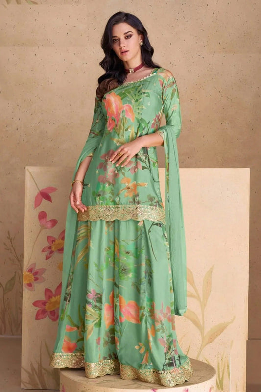 Sea Green Colour Semi Stitched Chinon Palazzo Pant Suit SM1140234