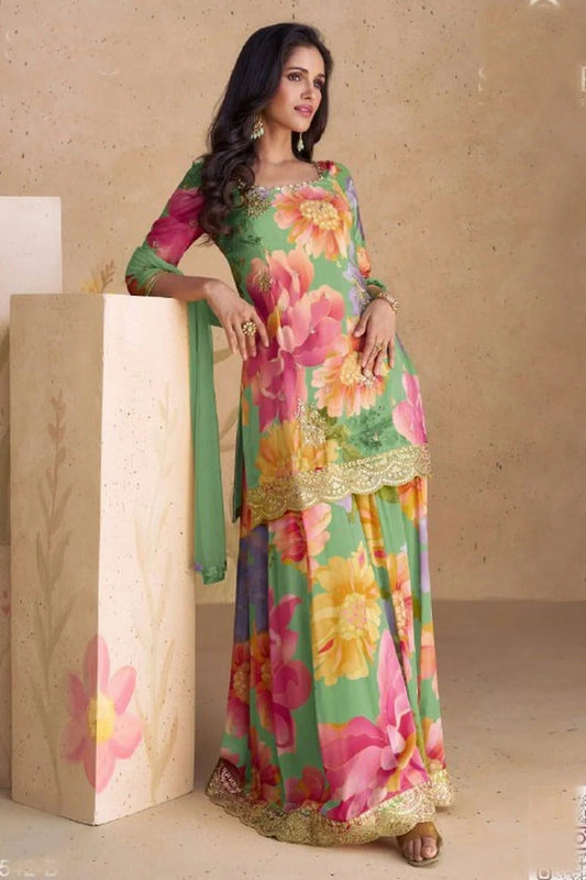 Sea Green Colour Semi Stitched Chinon Palazzo Pant Suit SM1140243