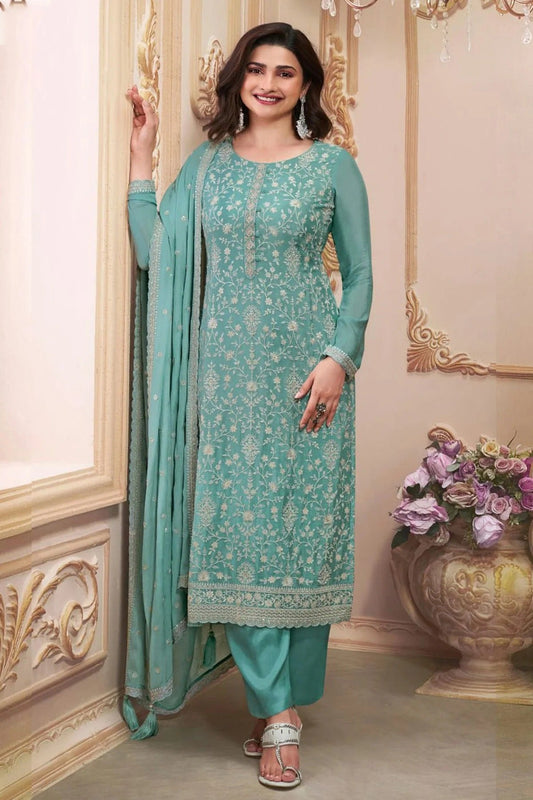 Sea Green Colour Semi Stitched Chinon Silk Pant Style Suit SM1140216