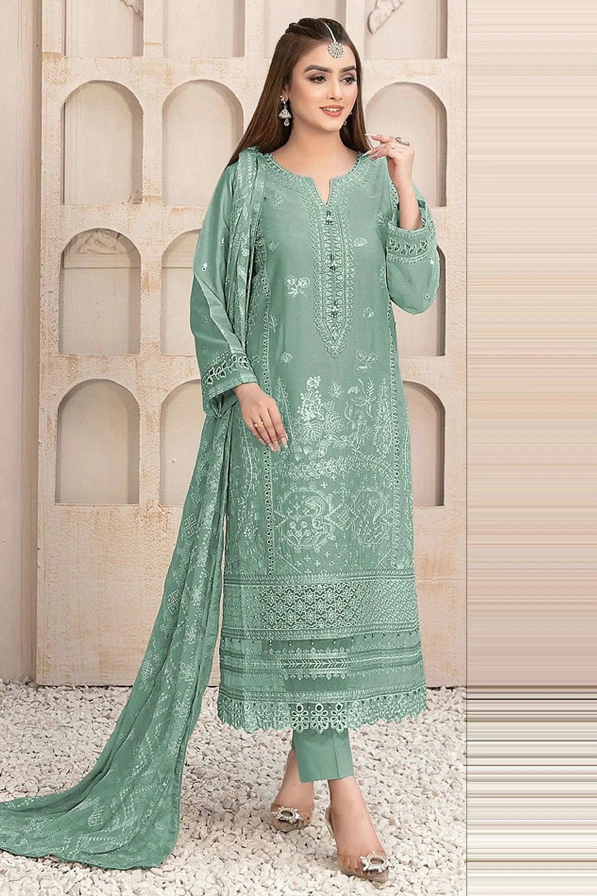 Sea Green Colour Semi Stitched Faux Georgette Pakistani Suit SM1140185