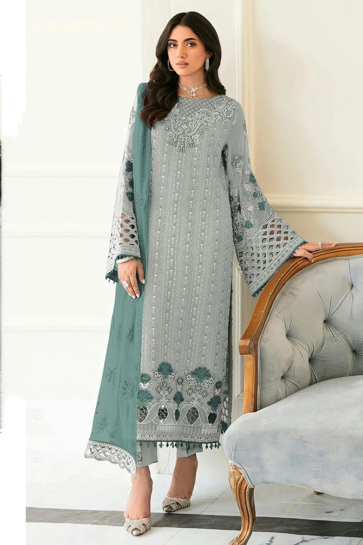 Sea Green Colour Semi Stitched Faux Georgette Pakistani Suit SM1140223