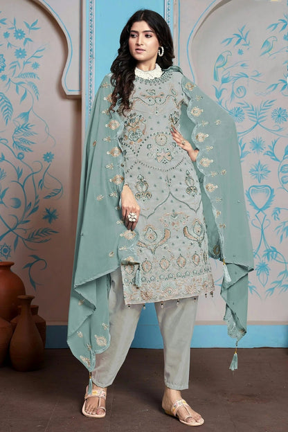 Sea Green Colour Semi Stitched Faux Georgette Pakistani Suit SM1140228