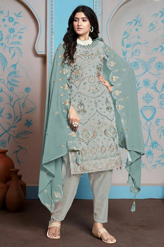 Sea Green Colour Semi Stitched Faux Georgette Pakistani Suit SM1140228