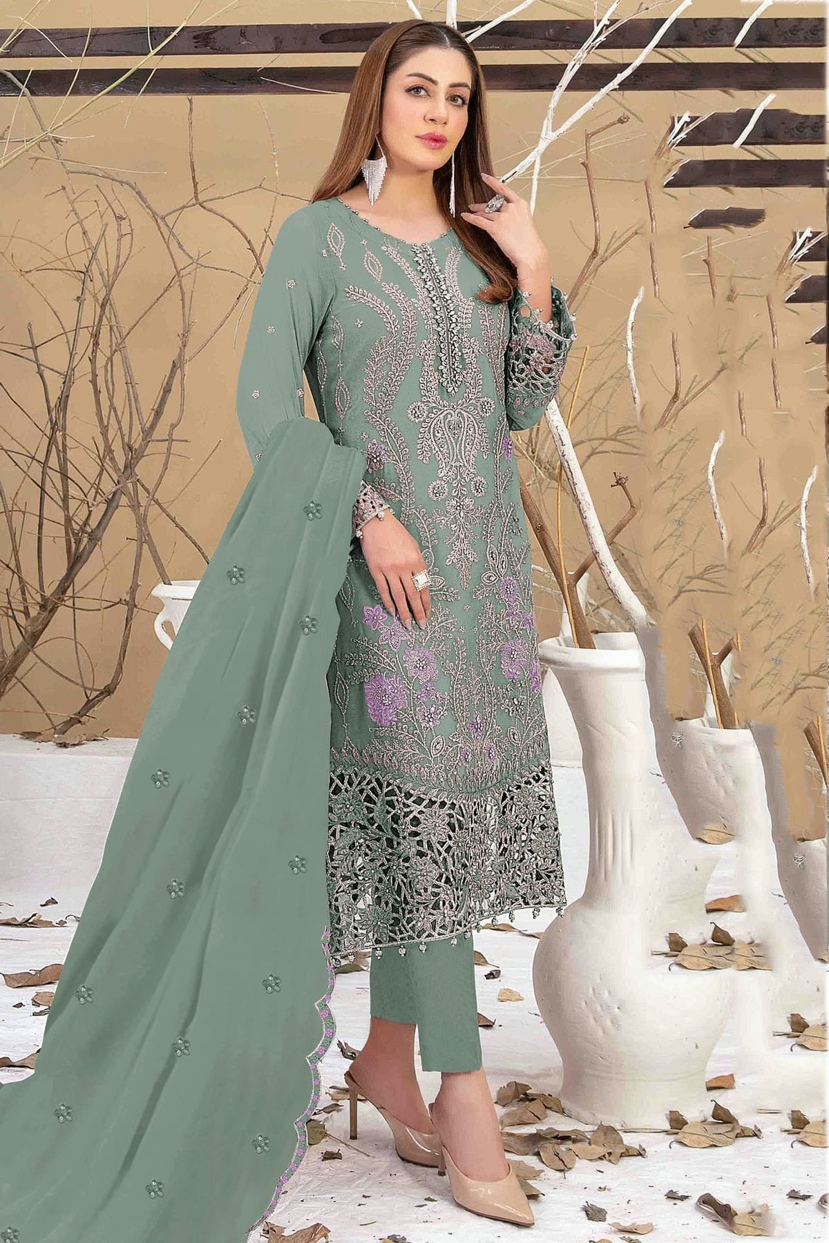 Sea Green Colour Semi Stitched Faux Georgette Pakistani Suit SM1140340