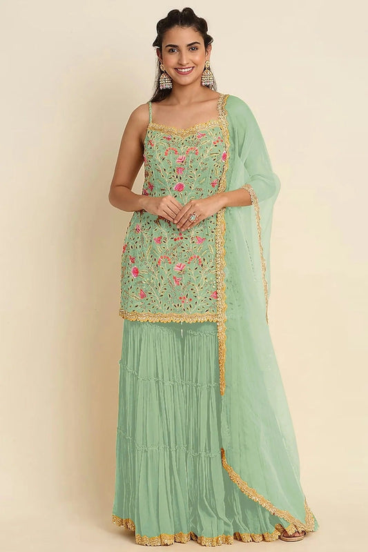 Sea Green Colour Semi Stitched Faux Georgette Sharara Suit SM1140165