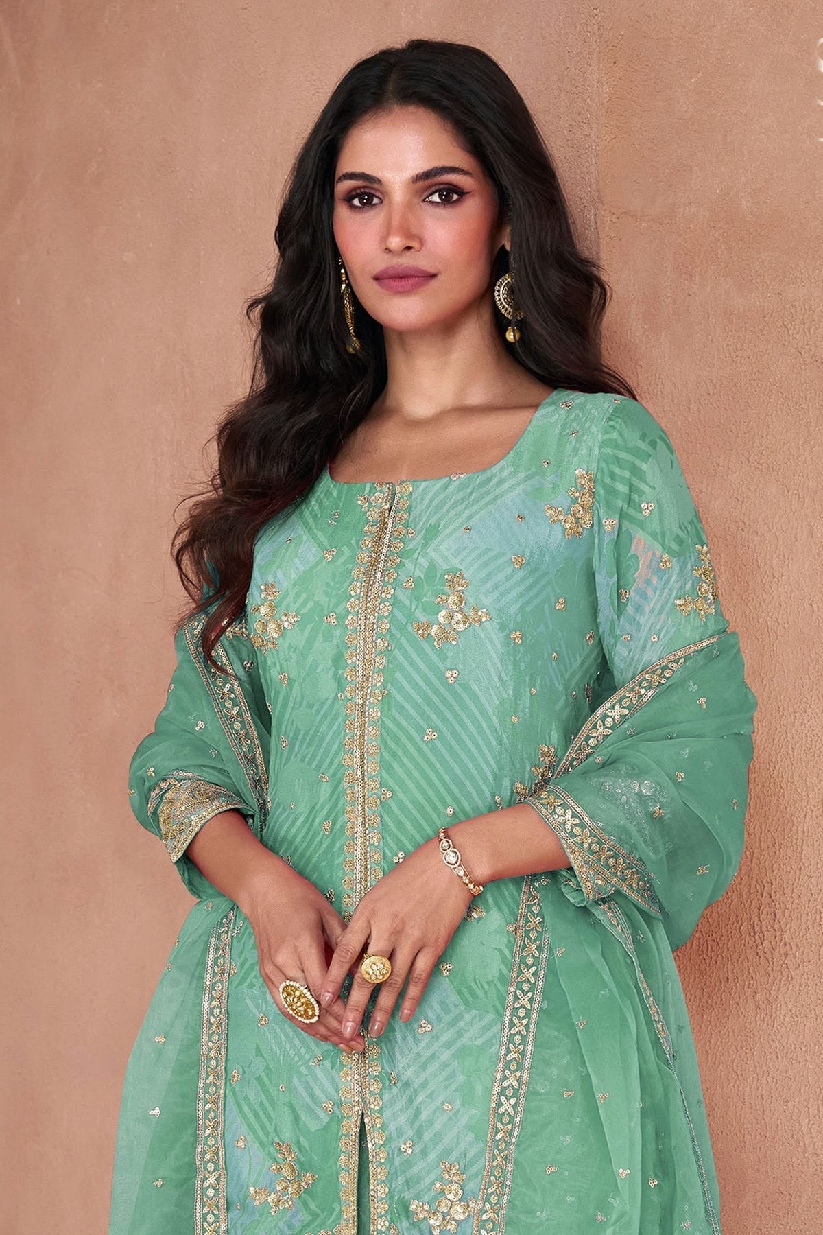 Sea Green Colour Semi Stitched Faux Georgette Sharara Suit SM1140384 A