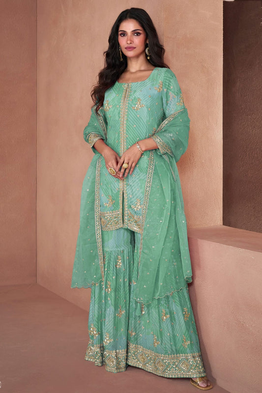 Sea Green Colour Semi Stitched Faux Georgette Sharara Suit SM1140384