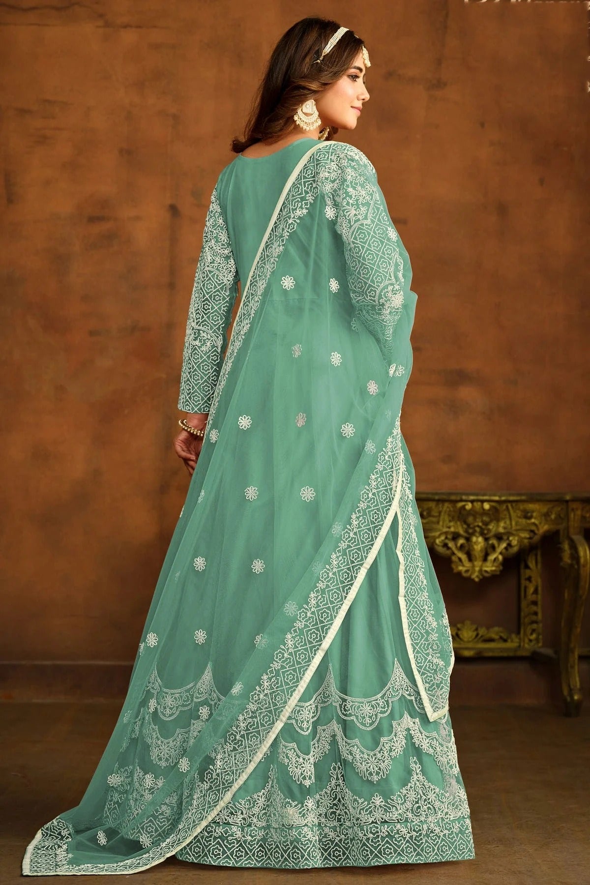 Sea Green Colour Semi Stitched Net Anarkali Suit SM1050442 A