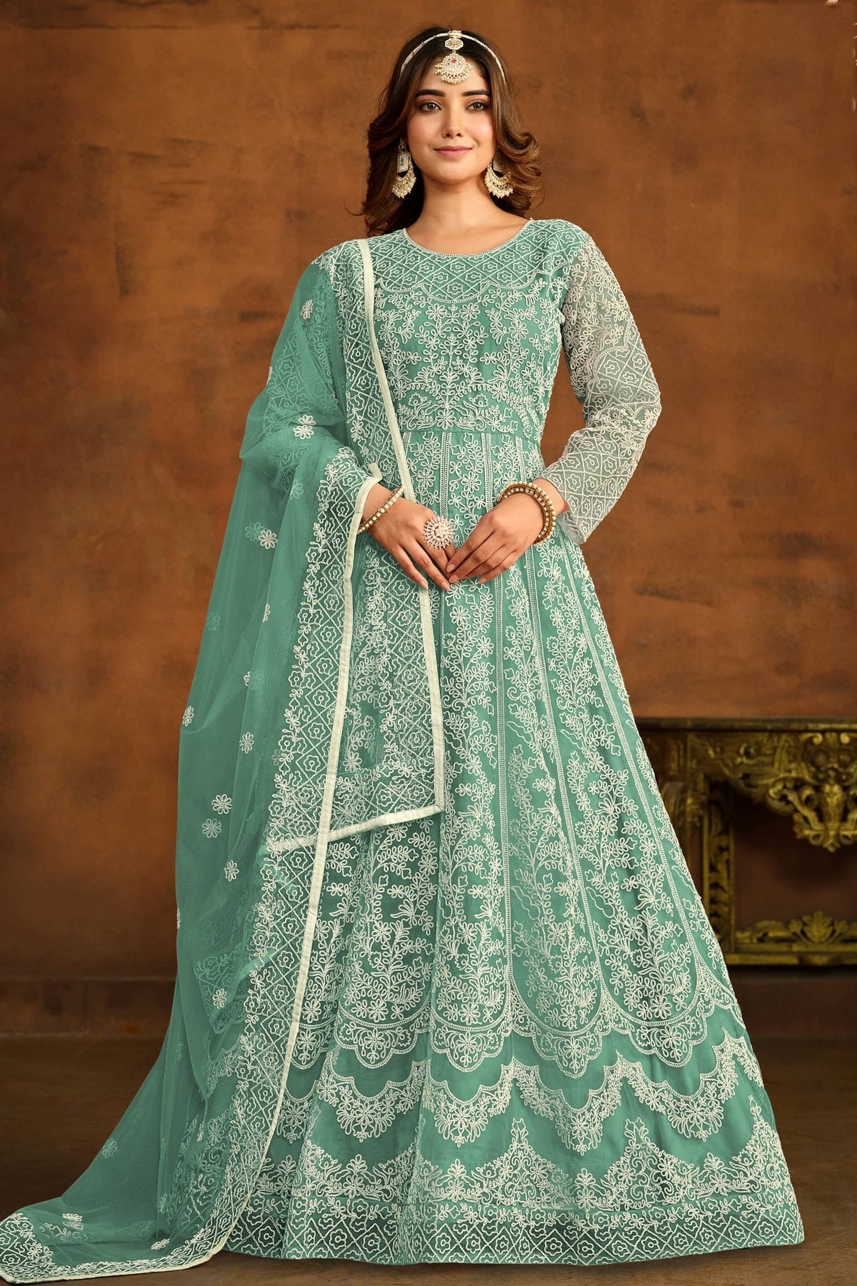 Sea Green Colour Semi Stitched Net Anarkali Suit SM1050442