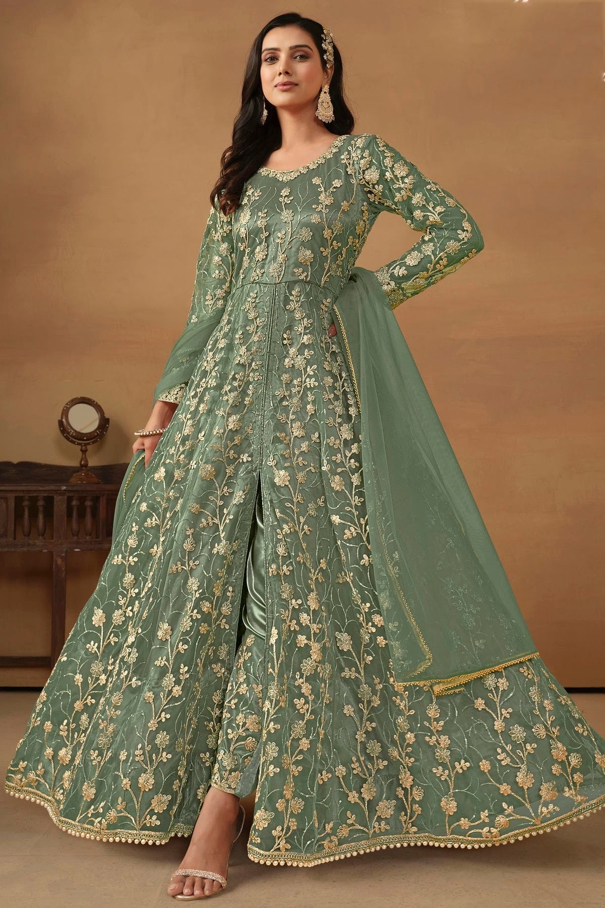Sea Green Colour Semi Stitched Net Pant Style Suit SM1050470