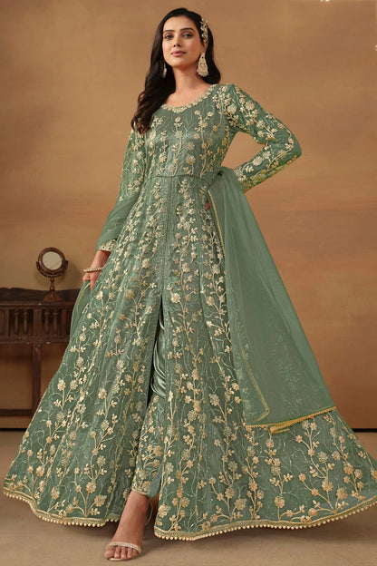 Sea Green Colour Semi Stitched Net Pant Style Suit SM1050470