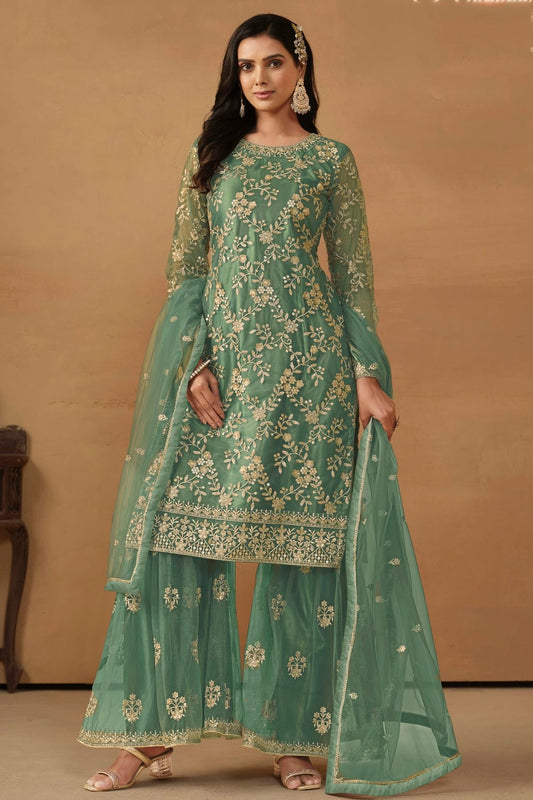 Sea Green Colour Semi Stitched Net Sharara Suit SM1050458