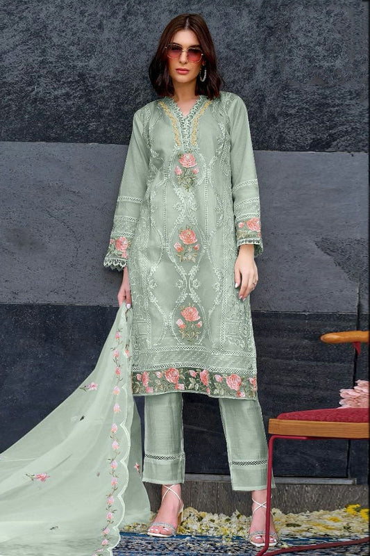 Sea Green Colour Semi Stitched Organza Pakistani Suit SM1140154