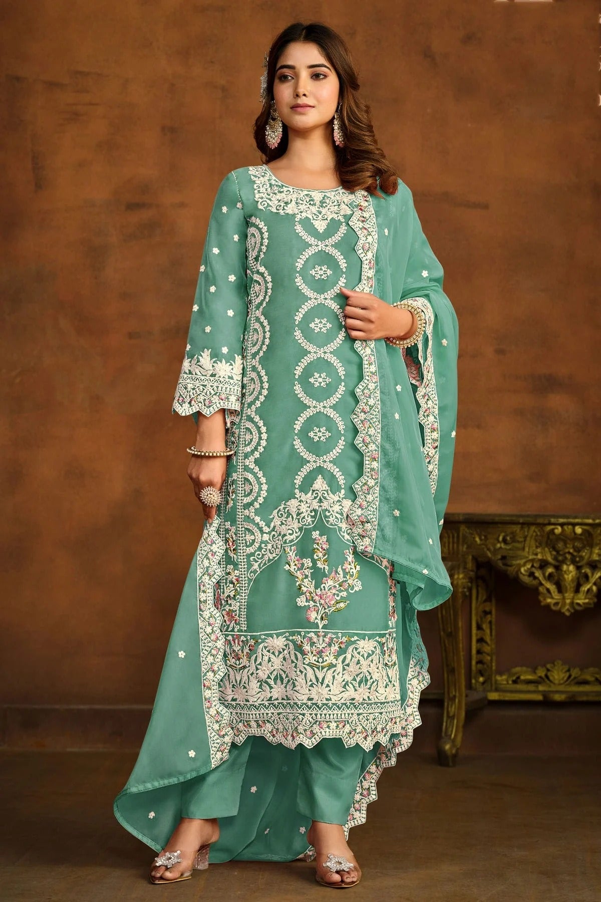 Sea Green Colour Semi Stitched Organza Pant Style Suit SM1050434 A
