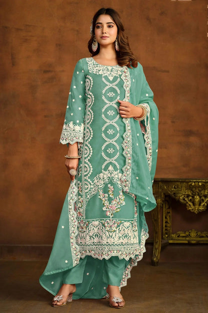 Sea Green Colour Semi Stitched Organza Pant Style Suit SM1050434 A