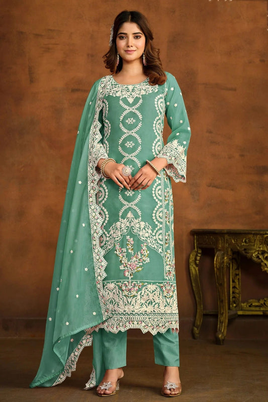 Sea Green Colour Semi Stitched Organza Pant Style Suit SM1050434