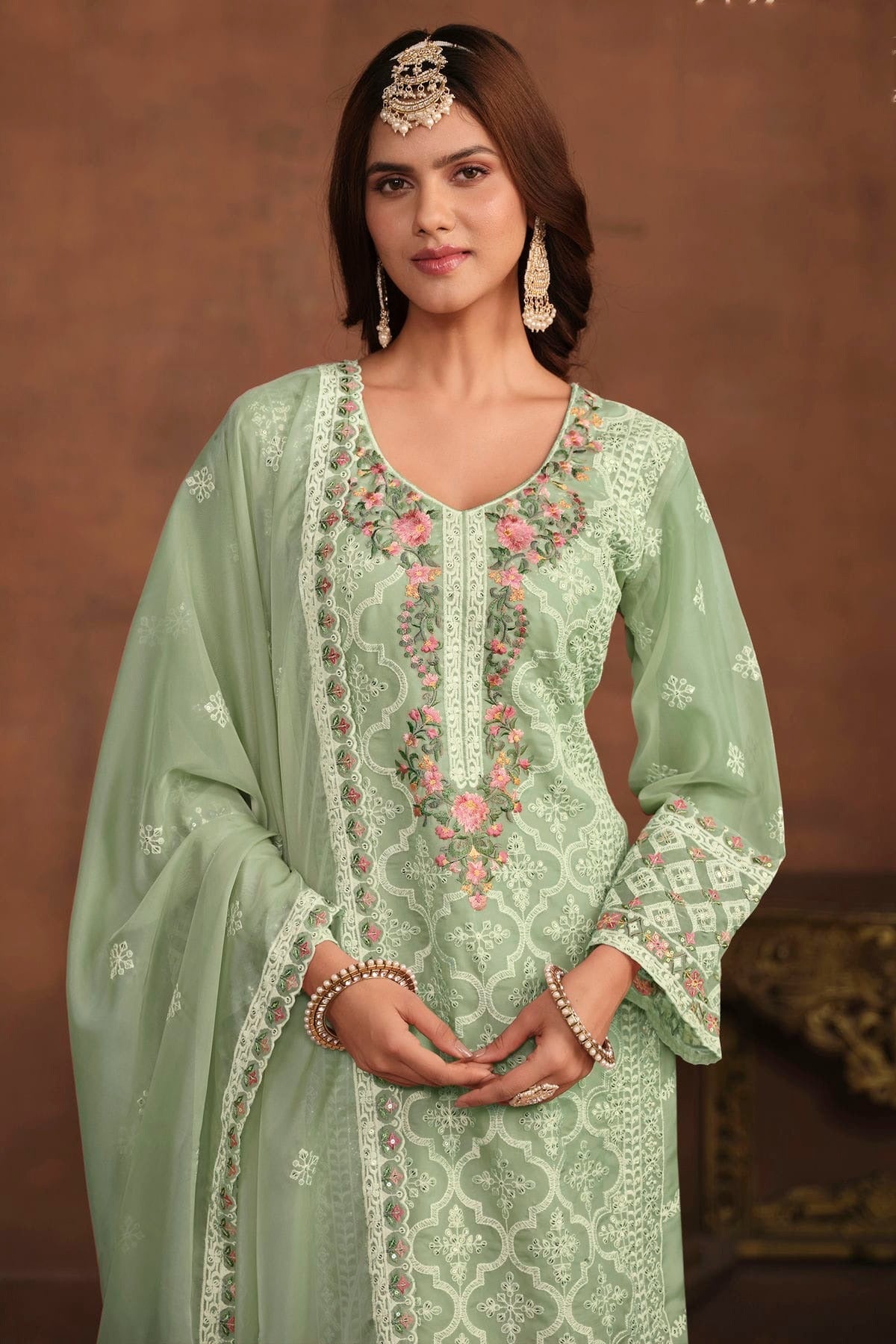 Sea Green Colour Semi Stitched Organza Pant Style Suit SM1050451 A