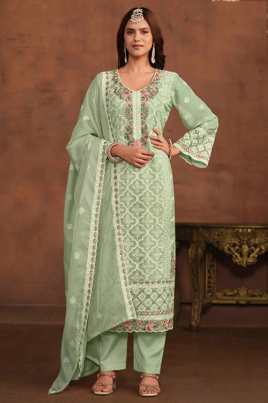 Sea Green Colour Semi Stitched Organza Pant Style Suit SM1050451