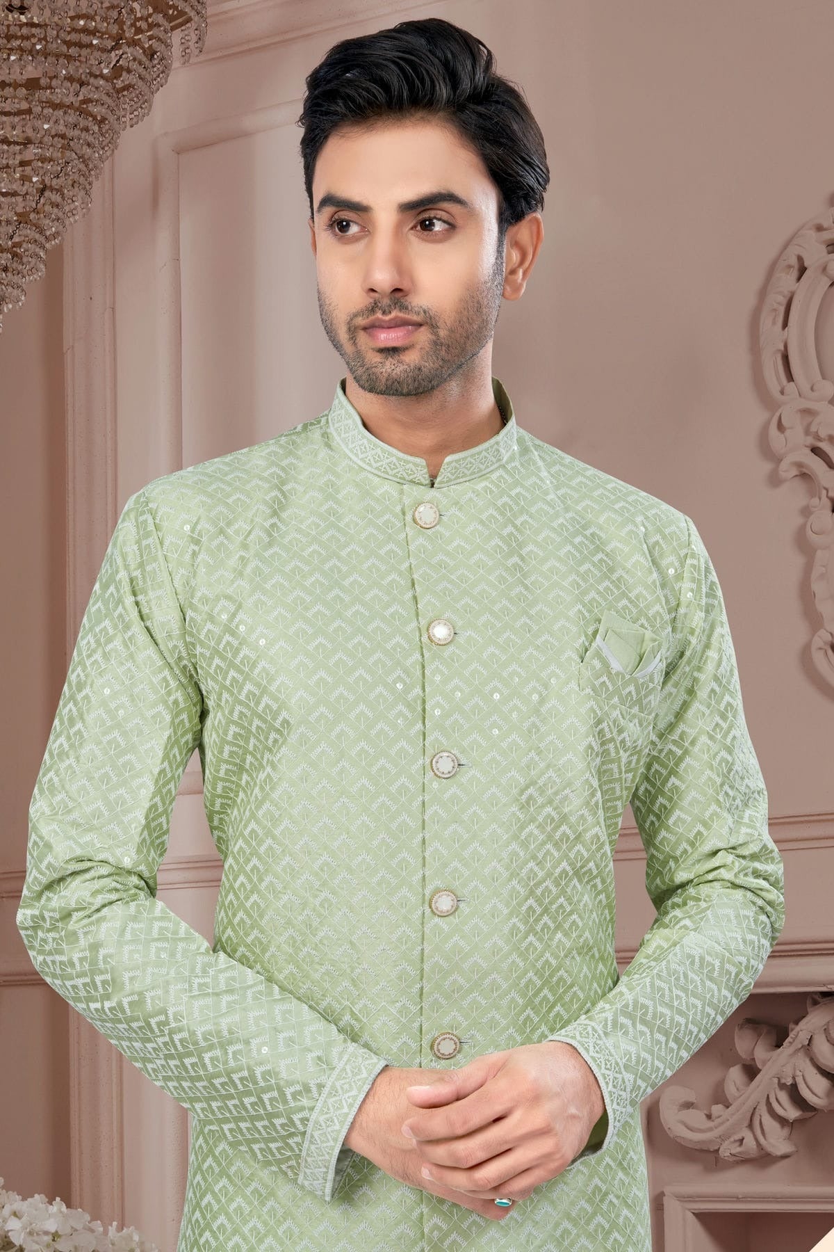 Sea Green Colour Silk Dupion Sherwani SH1040599 A