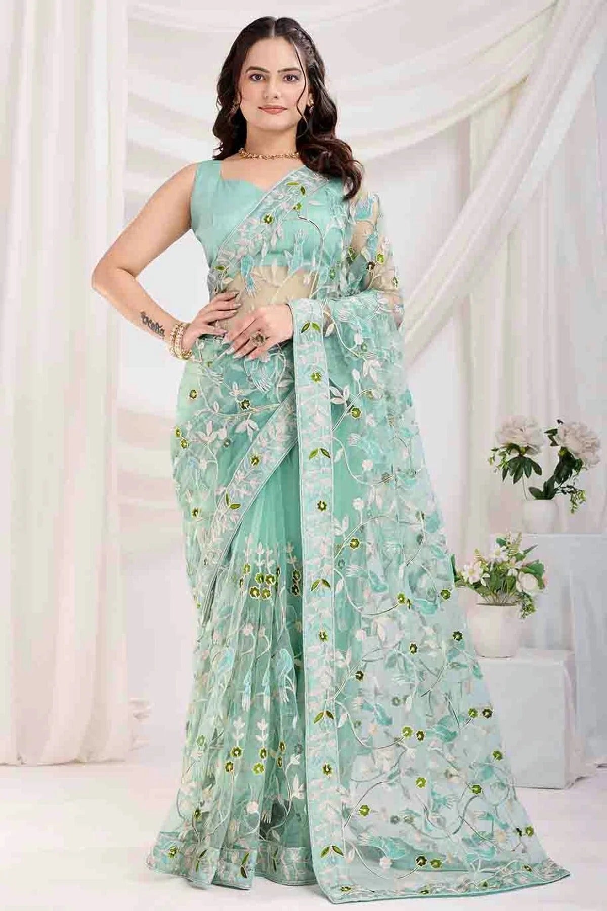 Sea Green Colour Soft Net Designer Saree SD1112859