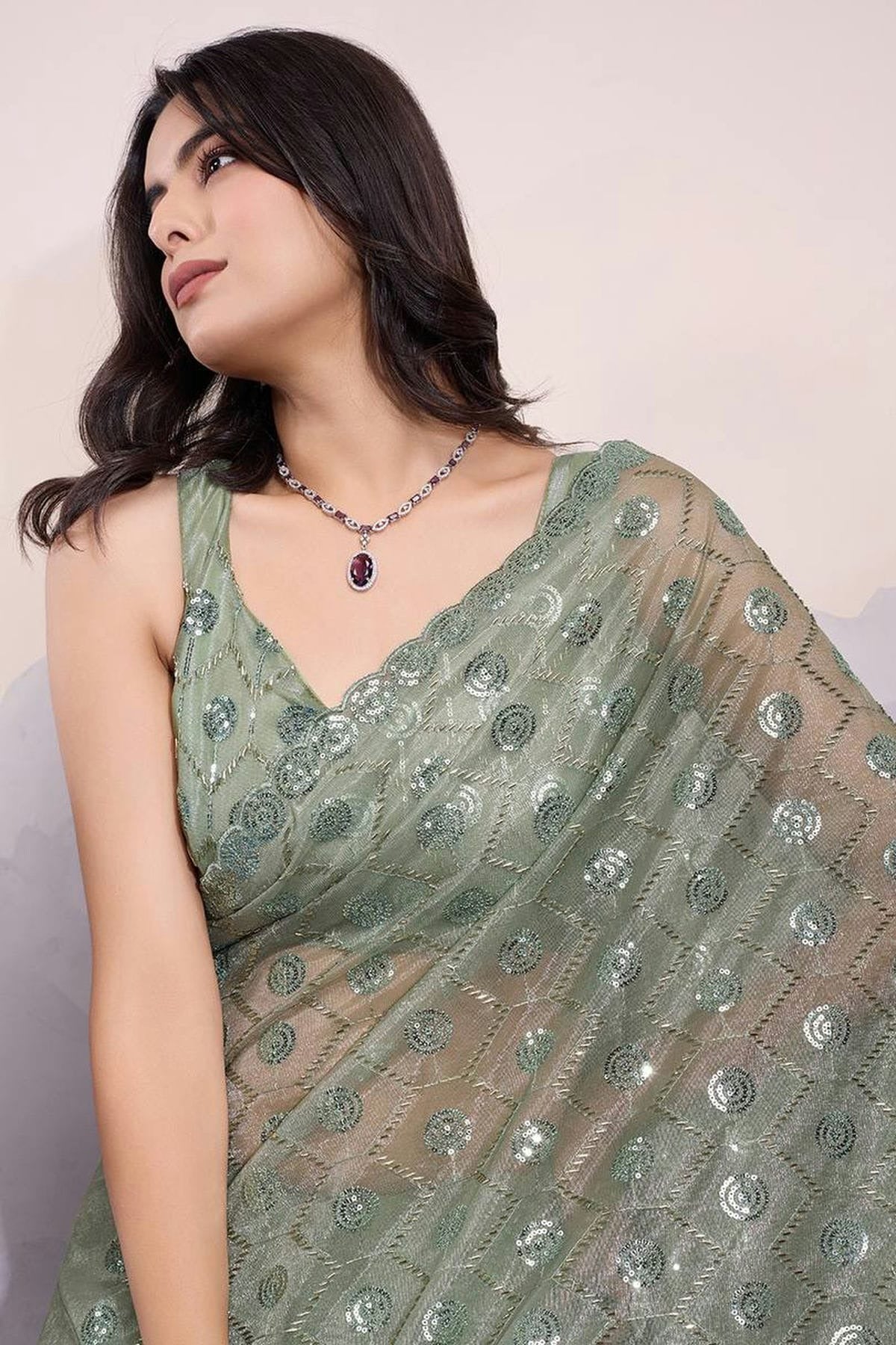 Sea Green Colour Twill Net Sequins Work Saree SD1290046 A