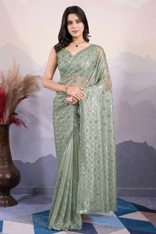 Sea Green Colour Twill Net Sequins Work Saree SD1290046