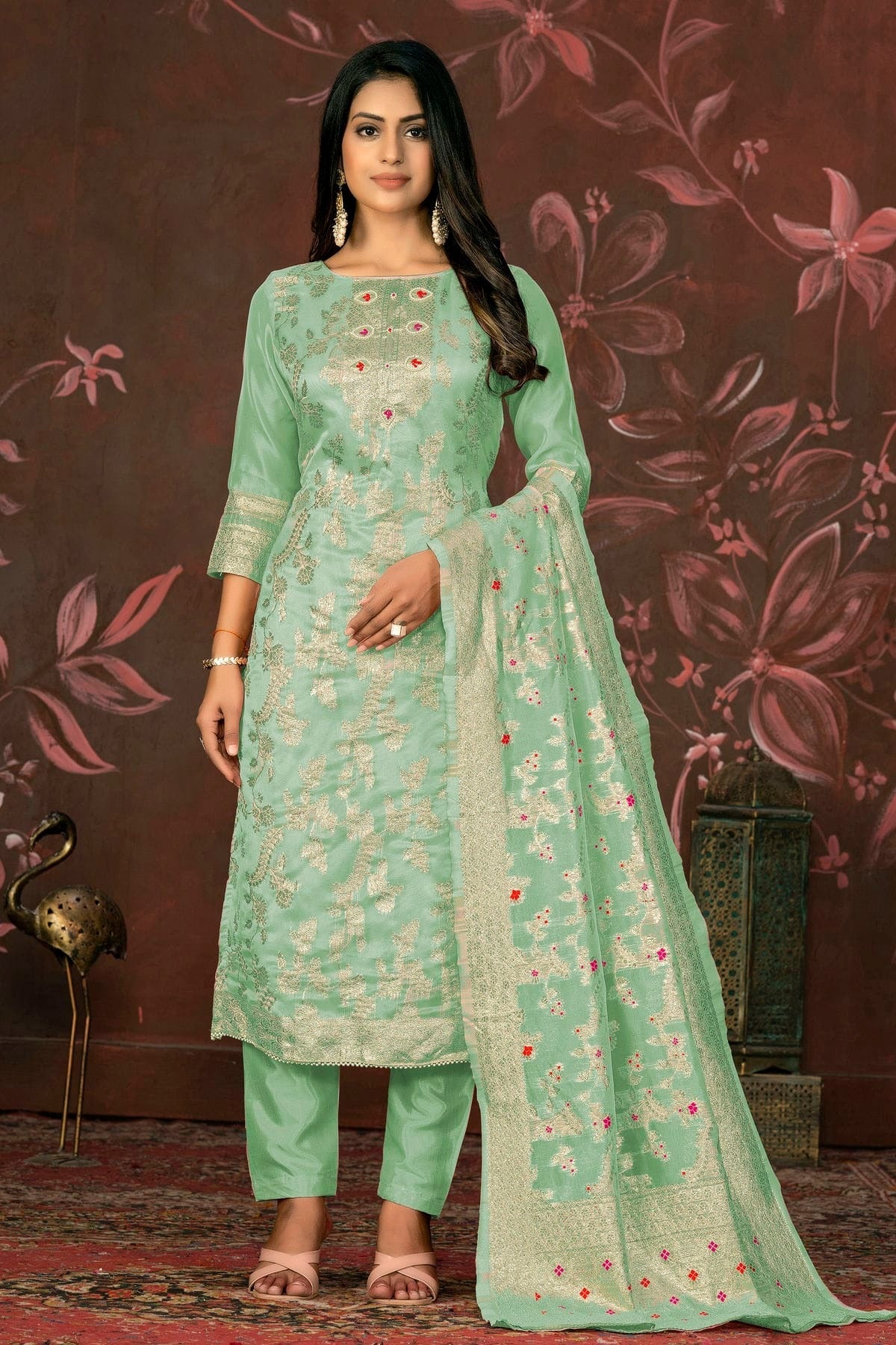 Sea Green Colour Unstitched Banarasi Jacquard Straight Suit US1161306