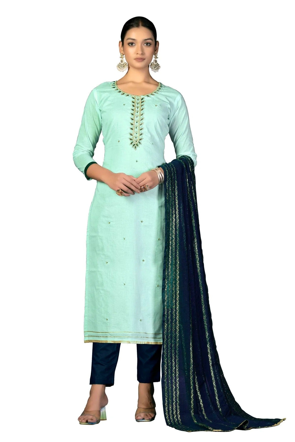 Sea Green Colour Unstitched Cambric Cotton Fabric Straight Suit US1161015