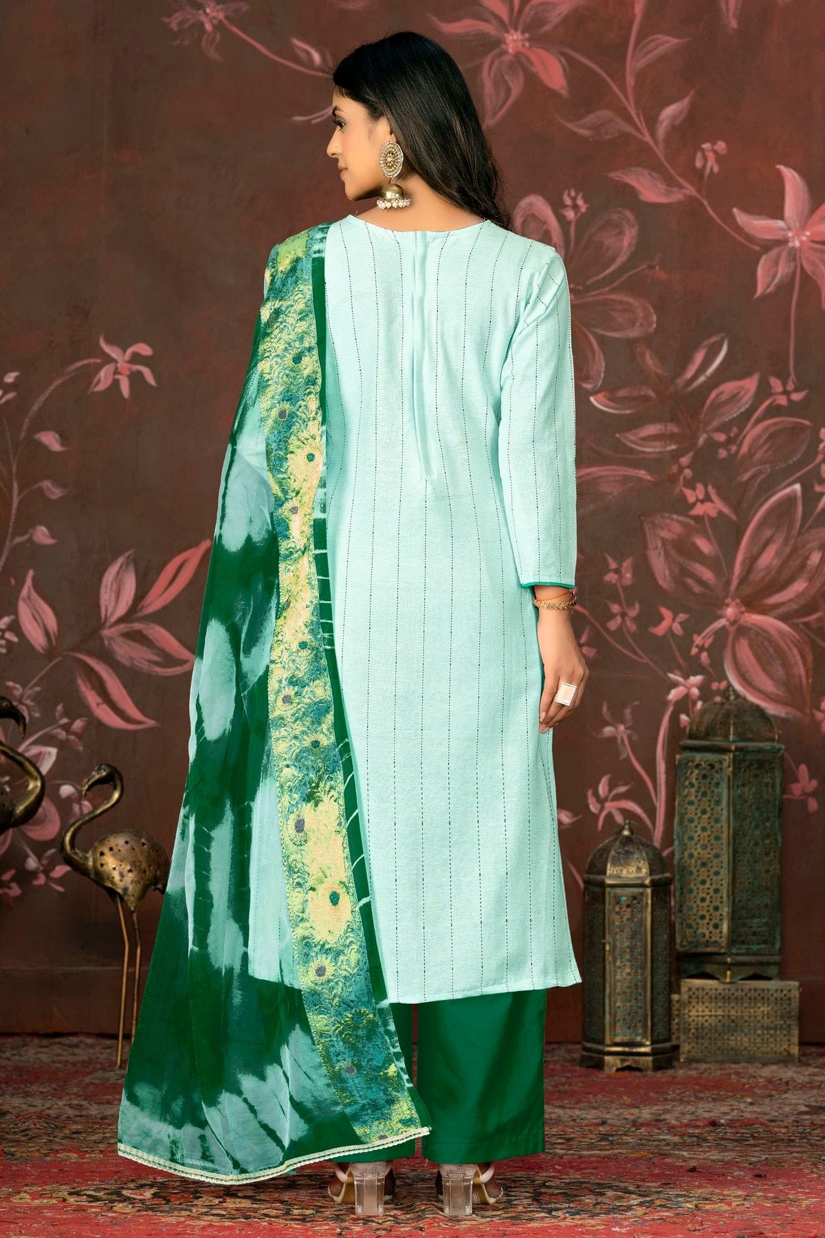Sea Green Colour Unstitched Cambric Cotton Plazzo Pant Suit US1160830 A