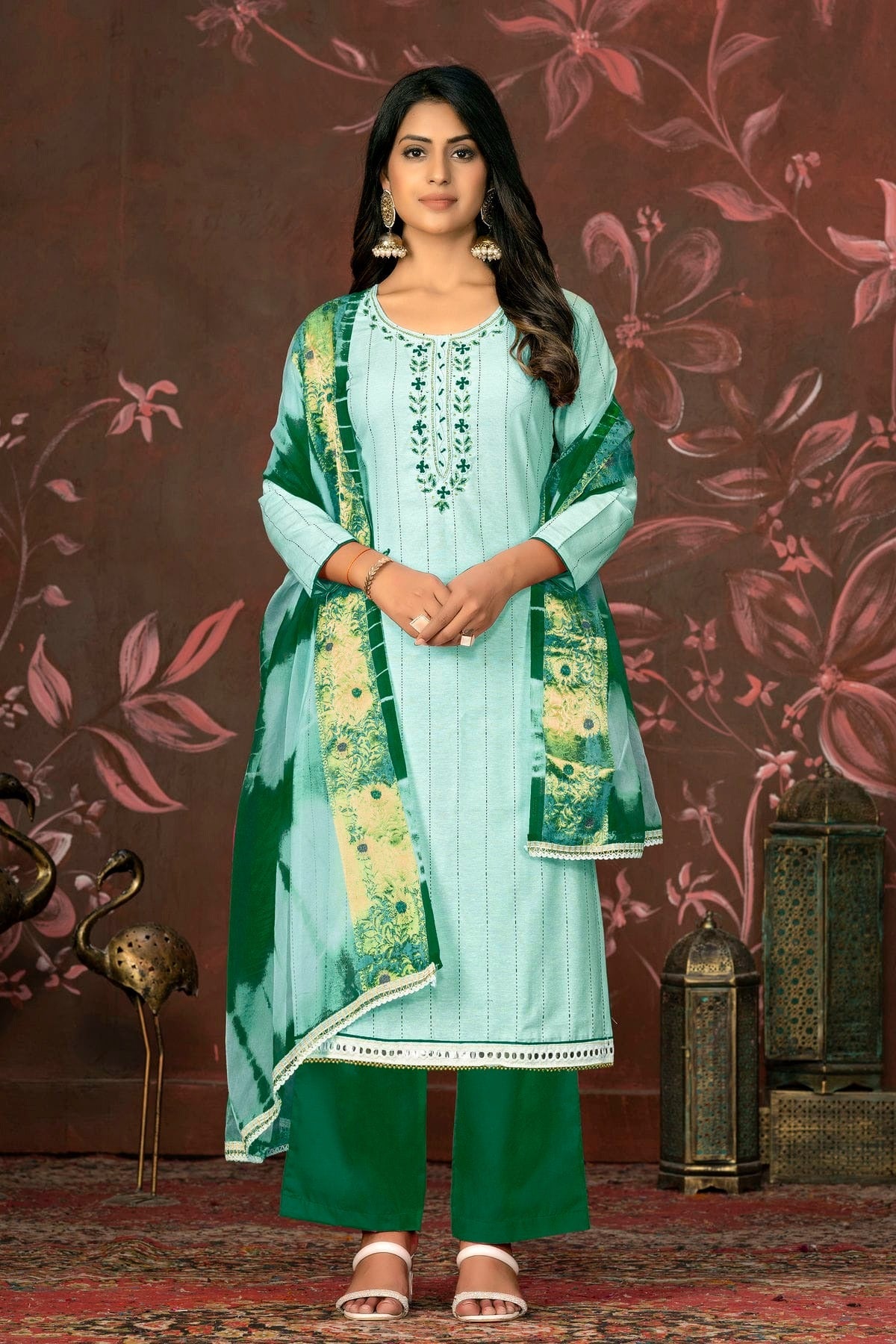 Sea Green Colour Unstitched Cambric Cotton Plazzo Pant Suit US1160830