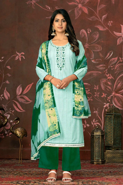 Sea Green Colour Unstitched Cambric Cotton Plazzo Pant Suit US1160830