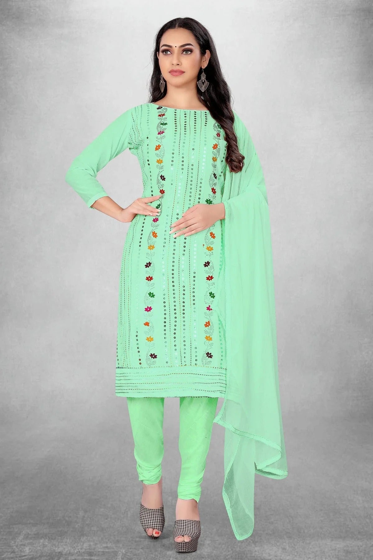 Sea Green Colour Unstitched Chanderi Cotton Churidar Suit US1160771