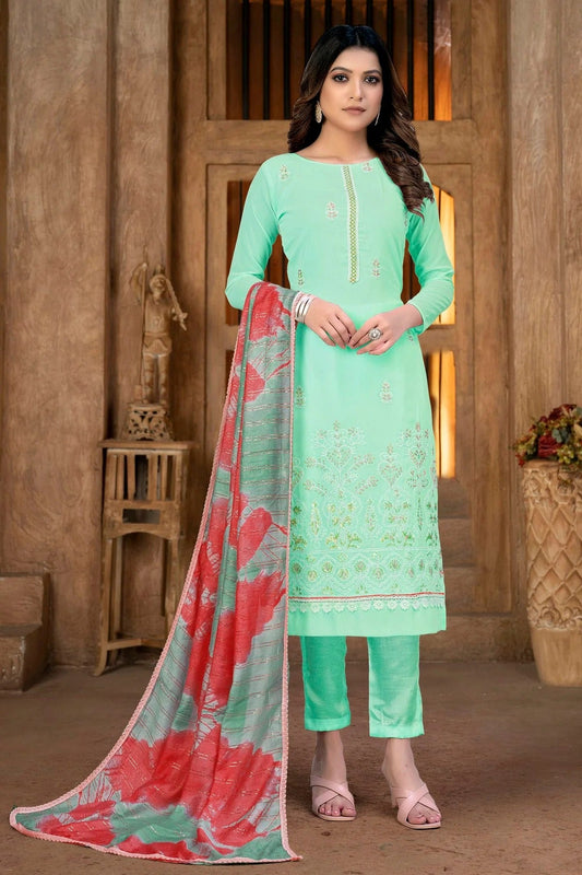 Sea Green Colour Unstitched Georgette Pant Style Suit US1160858