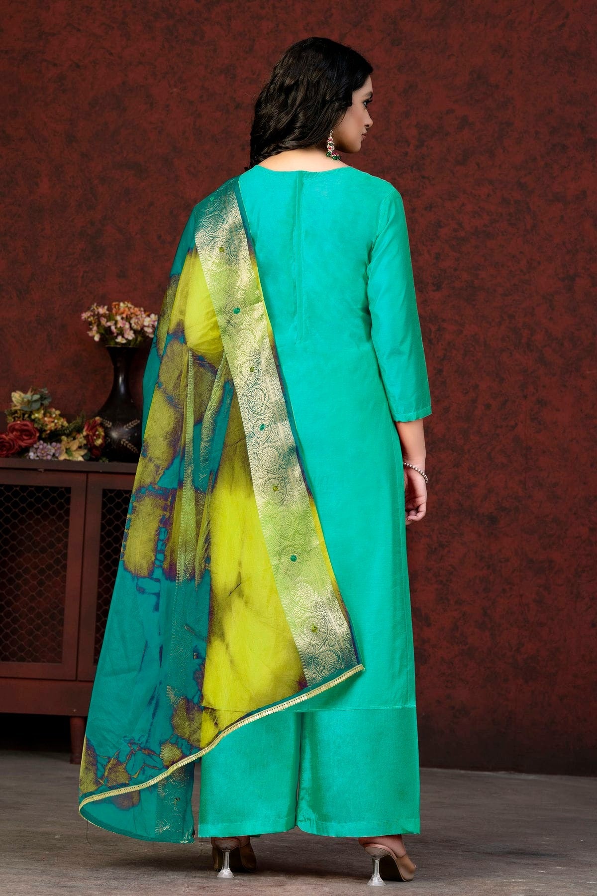 Sea Green Colour Unstitched Modal Chanderi Palazzo Pant Suit US1160924 A