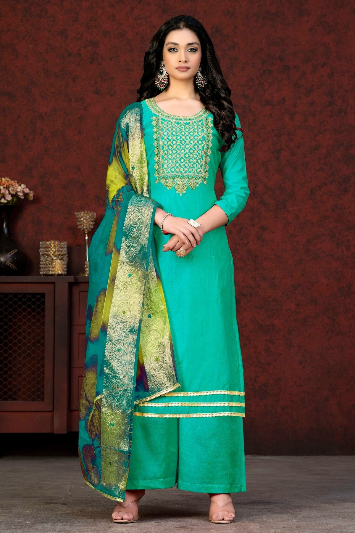 Sea Green Colour Unstitched Modal Chanderi Palazzo Pant Suit US1160924