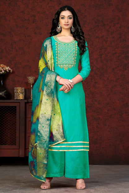 Sea Green Colour Unstitched Modal Chanderi Palazzo Pant Suit US1160924