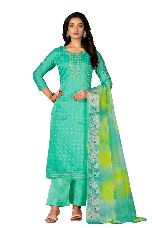 Sea Green Colour Unstitched Modal Cotton Jacquard Fabric Straight Suit US1160968
