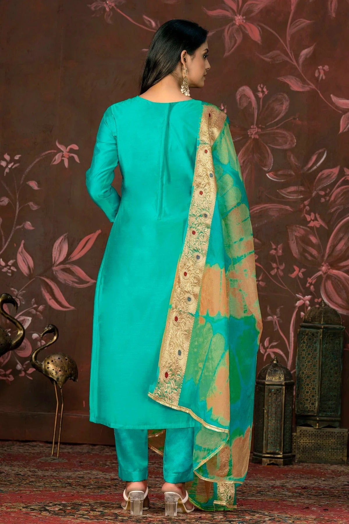 Sea Green Colour Unstitched Modal Cotton Jacquard Pant Style Suit US1161278 A