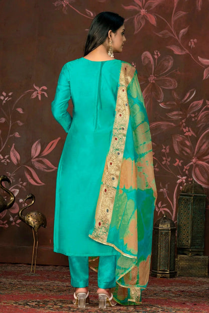 Sea Green Colour Unstitched Modal Cotton Jacquard Pant Style Suit US1161278 A