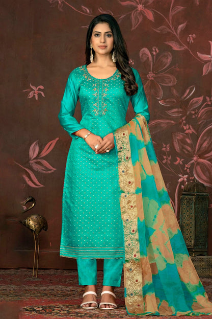 Sea Green Colour Unstitched Modal Cotton Jacquard Pant Style Suit US1161278