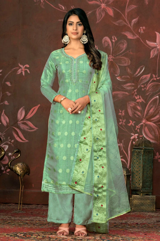 Sea Green Colour Unstitched Modal Cotton Jacquard Straight Suit US1161281