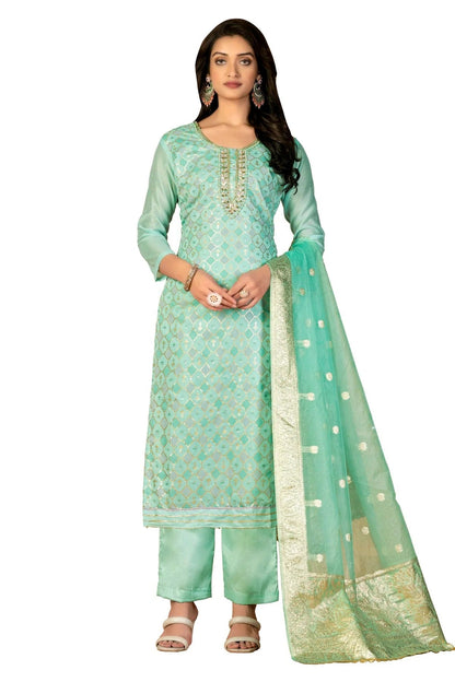 Sea Green Colour Unstitched Modal Silk Fabric Straight Suit US1160978
