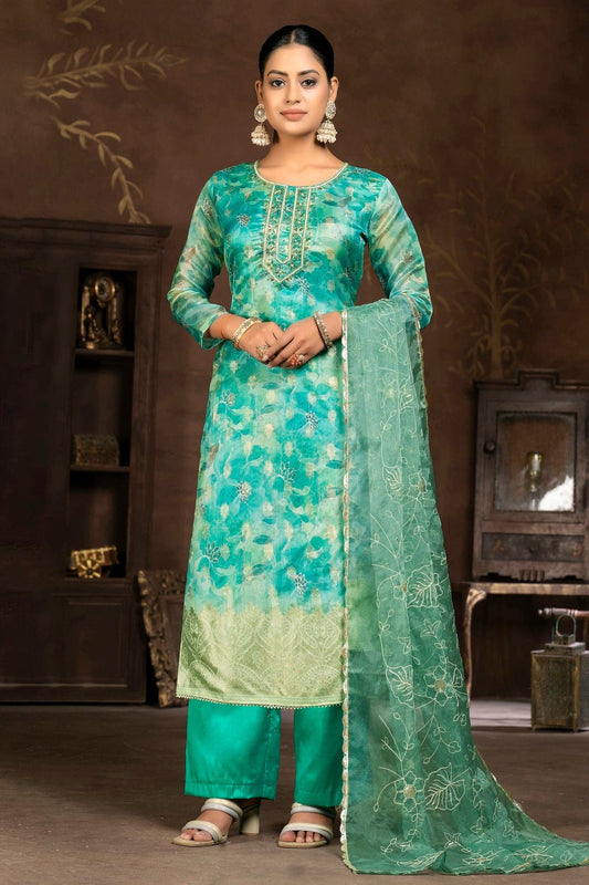 Sea Green Colour Unstitched Organza Banarasi Jacquard Straight Suit US1161285